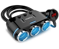Car Cigarette Lighter Socket Splitter B39 Type C – 3 sockets + 2xUSB – 2,1A 100W with display and cable