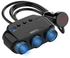 Car Cigarette Lighter Socket Splitter LM21 – 3 sockets + USB + Type C – QC 3.0 PD 3A 122W with display and cable