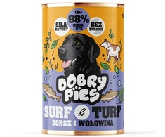 Dobry Pies Šunų Maistas - DOBRY šunims Surf &amp; Turf Upėtakis ir Laukinė Jautiena Šlapias Maistas 400g