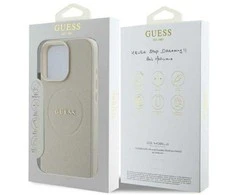 Dėklas Apple iPhone 16 Pro Max Guess kieto dėklo grūdėtas žiedas MagSafe smėlio spalvos