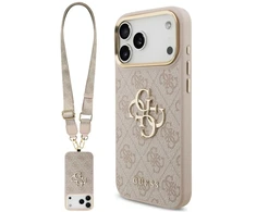 Dėklas Guess 4G Big 4G Classic Logo Big su dirželiu ir metalinėmis sagomis, skirtas iPhone 18 Pro / 17 Pro, rožinis
