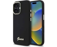 Guess GUHCP16SSMBSLK Apple iPhone 16 6.1″ juodos spalvos kietas dėklas Silicone Script Metal Logo & Frame