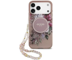 Dėklas Guess IML Flowers Pearl Strap MagSafe, skirtas iPhone 18 Pro Max / 17 Pro Max, rožinis