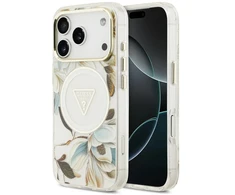 Dėklas Guess IML Glitter Flowers Triangle MagSafe, skirtas iPhone 18 Pro Max / 17 Pro Max, baltas