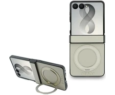 Dėklas Guess Magnetic Ring Stand Grained Classic Logo MagSafe case for Samsung Galaxy Z Flip8 beige