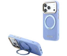 Dėklas Guess Ring Stand 360 Grained Classic Logo MagSafe, skirtas iPhone 18 Pro / 17 Pro, šviesiai mėlynas