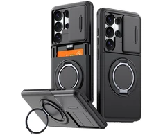 Hurtel Samsung Galaxy S26 Ultra magnetinis dėklas su 360° metaliniu žiedu ir kameros apsauga – juodos spalvos