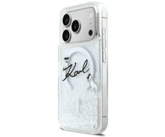 „Karl Lagerfeld“ skysto blizgučio „Karl Script“ logotipo „MagSafe“ dėklas, skirtas „iPhone 17 Pro“ – skaidrus