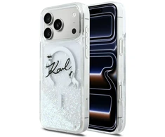 „Karl Lagerfeld“ skysto blizgučio „Karl Script“ logotipo „MagSafe“ dėklas, skirtas „iPhone 17 Pro Max“ – skaidrus