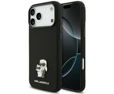 Dėklas Karl Lagerfeld Silicone Karl&Choupette Metal Pin, skirtas iPhone 18 Pro Max / 17 Pro Max, juodas