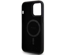 Tumi TUHMP15XRBAK Apple iPhone 15 Pro Max 6.7" juodos spalvos kietas dėklas, odinis balistinio rašto MagSafe dėklas