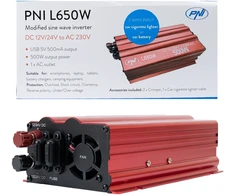 Dėžutė su 20 vienetų PNI L650W įtampos keitiklių, dvigubas maitinimo šaltinis 12V/24V, 230V išėjimas, 500W, modifikuota sinusinė banga, 5V 500mAh USB jungtis, su pridedamais maitinimo gnybtais ir cigarečių degiklio kištuku