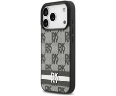 DKNY PU Leather Checkered Pattern and Stripe dėklas skirtas Apple iPhone 17 Pro juodos spalvos
