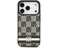 DKNY PU Leather Checkered Pattern and Stripe dėklas skirtas Apple iPhone 17 Pro juodos spalvos