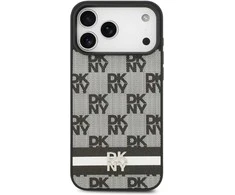 DKNY PU Leather Checkered Pattern and Stripe dėklas skirtas Apple iPhone 17 Pro Max juodos spalvos