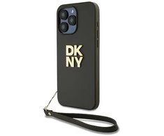 DKNY PU Leather Stack Logo Wrist Strap dėklas telefonui Apple iPhone 15 Pro Max rudos spalvos