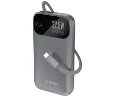 Dudao K31 10000 mAh 22.5W PD Powerbank su integruotu kabeliu – pilkos spalvos