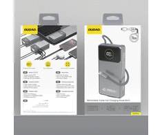 Dudao K31 Pro 45W 20000mAh išorinė baterija su įmontuotu ištraukiamu USB-C laidu – pilkos spalvos