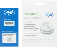 Dūmų jutiklis PNI A024 su „Wi-Fi“, valdymas per „Tuya Smart“ programėlę, maitinimas 9V baterija, 85dB, garsinis ir vaizdinis signalas, tylusis aliarmas