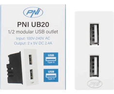Dvigubas USB lizdas PNI UB20, 5V, 2.4A, modulinis, įmontuojamas, F tipo 1/2, stikliniam rėmeliui RM101W, RM202W
