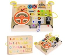 Ecotoys Medinė LED sensorinė lavinamoji lenta vaikams, edukacinis skydelis su automobilio vairu, 14 dalių