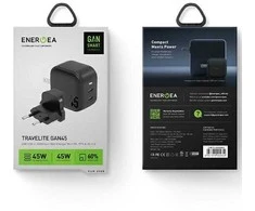 ENERGEA Laidinis įkroviklis 2xUSB-C PD-PPS 45W 2C juodos spalvos US+EU Travelite GAN45