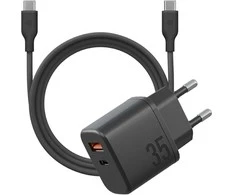 Energea Laidinis įkroviklis Bazic Goport Velox Kit 1xUSB-C 1xUSB-A GaN 35W with cable juodos spalvos