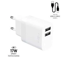 Fixed Fiksuotas | Dvigubas USB kelioninis įkroviklis 17 W ir USB/USB-C laidas | FIXC17N-2UC-WH