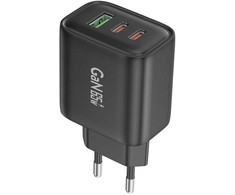 Foneng laidinis įkroviklis GaN10-EU - USB + 2xType C - QC 4.0+ PD 65W su Type C į Type C kabeliu juodos spalvos