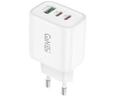 Foneng laidinis įkroviklis GaN10-EU - USB + 2xType C - QC 4.0+ PD 65W su Type C į Type C kabeliu baltos spalvos