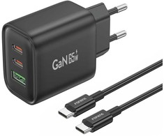 Foneng laidinis įkroviklis GaN10-EU - USB + 2xType C - QC 4.0+ PD 65W su Type C į Type C kabeliu juodos spalvos