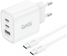 Foneng laidinis įkroviklis GaN10-EU - USB + 2xType C - QC 4.0+ PD 65W su Type C į Type C kabeliu baltos spalvos