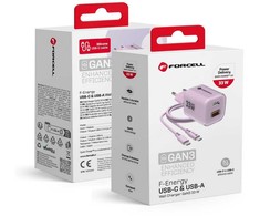 Phone charger Forcell F-Energy GaN III Crystal Color USB C + USB A QC4.0 PD 33W + silicone cable USB C to USB C VT-41 violetinė 0INT