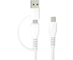 Forever Recycling „Forever“ perdirbamo plastiko laidas 2in1 1,5m 3A USB-C – USB-C + USB-A KR2W1-00 baltas