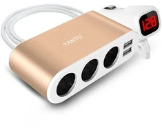 Car Cigarette Lighter Socket Splitter B08 – 3 sockets + 2xUSB – 3,1A 120W with display and cable auksinis