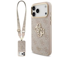 Guess 4G Big 4G Classic Logo Big Strap Metal Mygtukai dėklas skirtas Apple iPhone 17 Pro Max rožinės spalvos