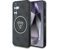 Guess 4G Glitter Triangle Mygtukai MagSafe Samsung Galaxy S25 Plus dėklas telefonui juodos spalvos