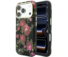 Guess Blossom Roses raštuotas MagSafe dėklas, skirtas iPhone 18 Pro Max / 17 Pro Max, juodas