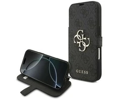 Guess Book 4G Metal Logo dėklas skirtas Apple iPhone 17 Pro juodos spalvos