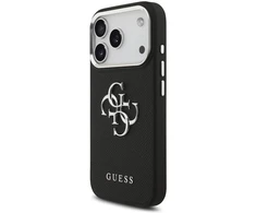 Guess PU Grained 4G Metal Logo dėklas skirtas Apple iPhone 17 Pro juodos spalvos