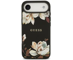 Guess Grained Flowers Classic Logo MagSafe dėklas iPhone Air, juodos spalvos