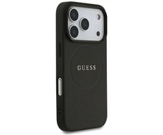 Guess Grained Ring MagSafe dėklas iPhone 17 Pro juodos spalvos