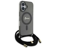 Guess GUHMP16SHCTSGNSK Apple iPhone 16 6.1" dėklas telefonui juodos spalvos Crossbody Cord Script MagSafe