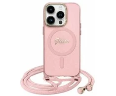 Guess GUHMP16SHCTSGNSP Apple iPhone 16 6.1″ rožinės spalvos kietas dėklas Crossbody Cord Script MagSafe