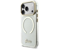Guess IML Glitter Script Strap MagSafe dėklas skirtas iPhone 17 Pro Max Transparent