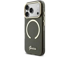 Guess IML Glitter Script Strap MagSafe dėklas skirtas iPhone 17 Pro Juodas