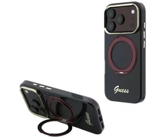 Guess IML Ring Stand 360 Script Metal Logo MagSafe dėklas, skirtas iPhone 18 Pro / 17 Pro, bordo spalvos