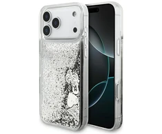 Guess Liquid Glitter 4G Charms dėklas, skirtas iPhone 18 Pro Max / 17 Pro Max, sidabrinis