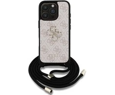 Guess PU 4G Metal Logo Crossbody Strap dėklas skirtas Apple iPhone 16 Pro Max rožinės spalvos
