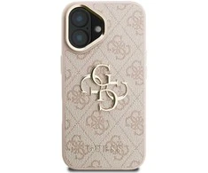 Guess PU 4G Metal Logo Stand Camera Frame dėklas skirtas Apple iPhone 16 rožinės spalvos